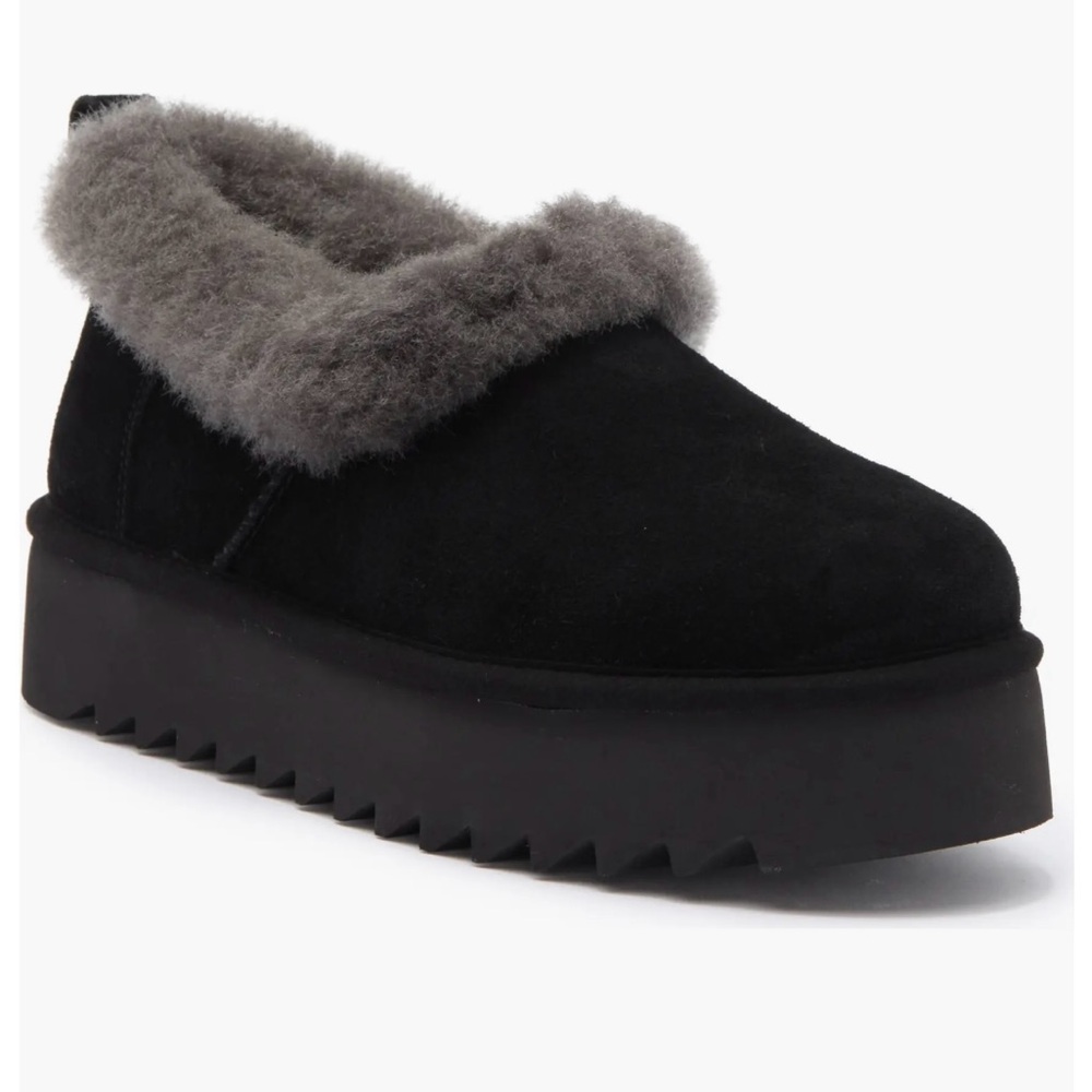 Womens UGG Black Genuine Shearling Nita Sz 7 Platform Slipper Boots Classic Mini